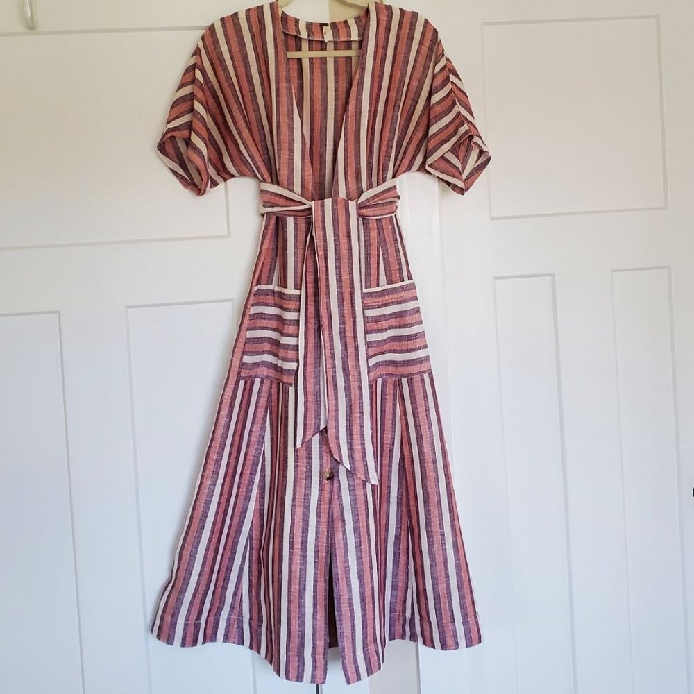 Free People Linen Midi Dress, Boho Stile Deep V-Slit Detail. Size S